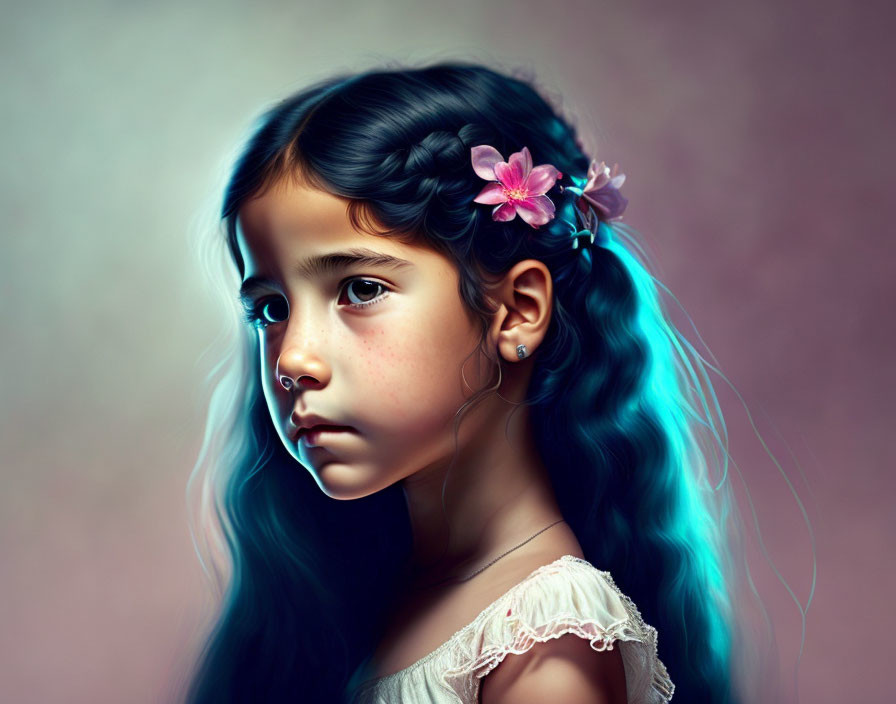 Digital painting of young girl with blue-tinted hair and pink flowers on soft pink background