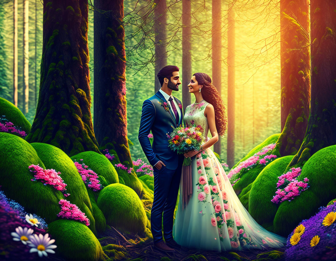 Couple in formal attire in vibrant forest with colorful flowers