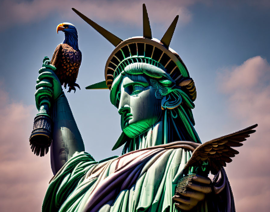 Iconic Statue of Liberty with eagle on arm under cloudy sky