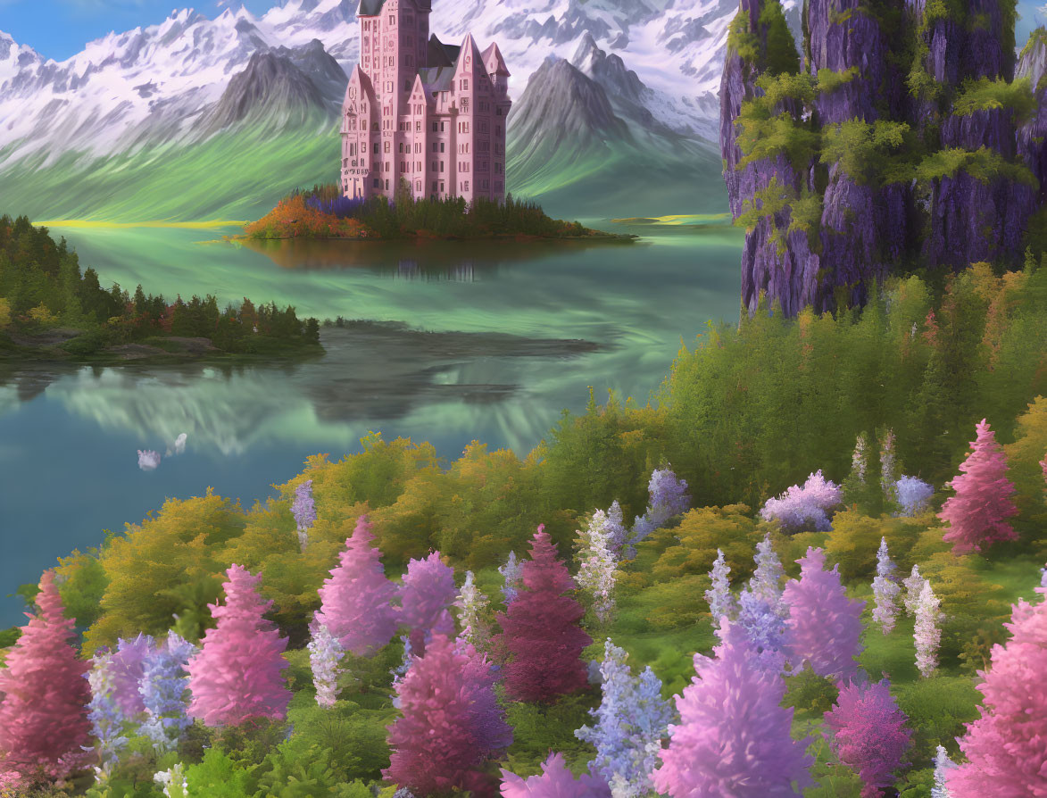 Pink castle on island surrounded by mountains and lake with blooming trees