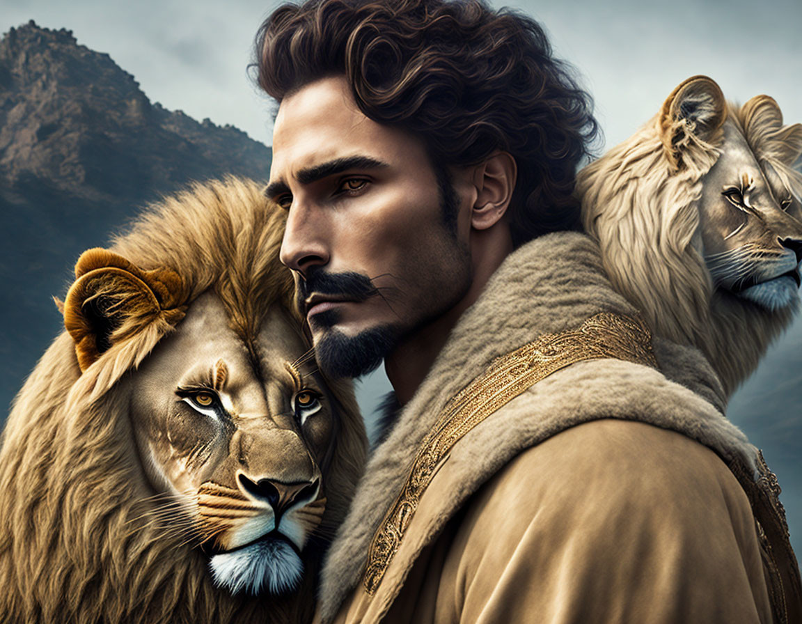 Digital artwork featuring man with lions against mountainous backdrop