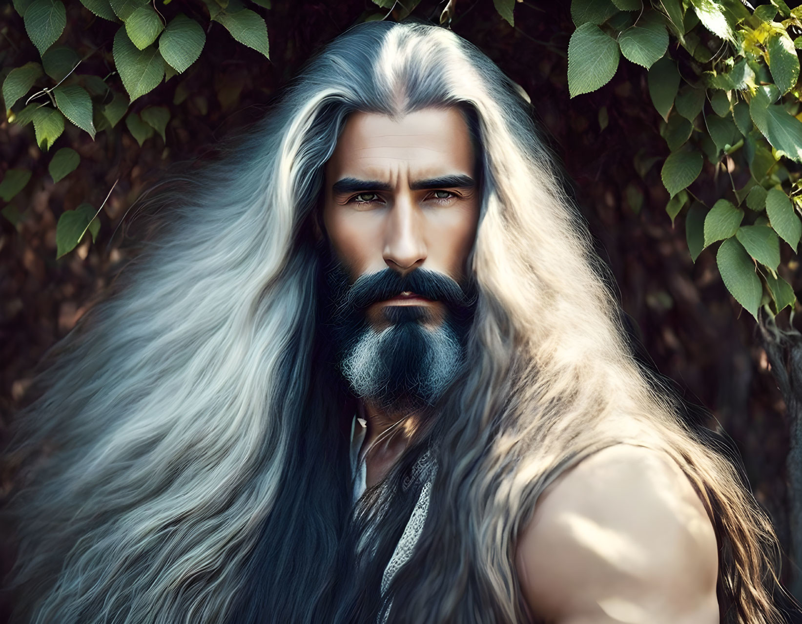 Man with Long Gray Hair and Beard in Intense Gaze Against Green Foliage