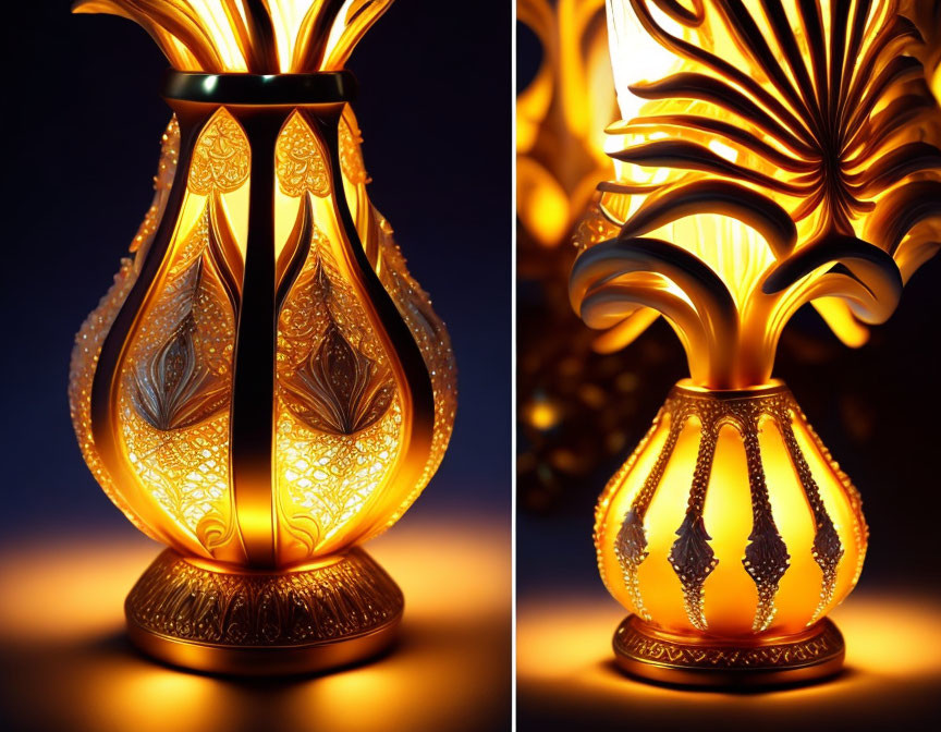 Intricate Cut-Out Golden Vase Illuminated on Dark Background