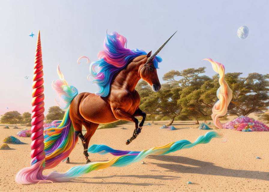 Colorful Unicorn with Spiraling Horn and Rainbow Mane in Desert Scene