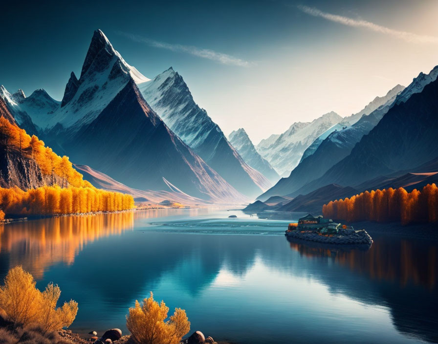 Tranquil autumn lake with boat, snow-capped mountains