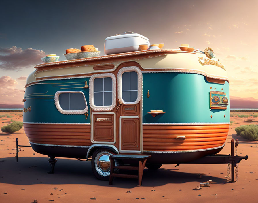 Vintage-style Caravan Shaped Like a Toaster in Desert Setting