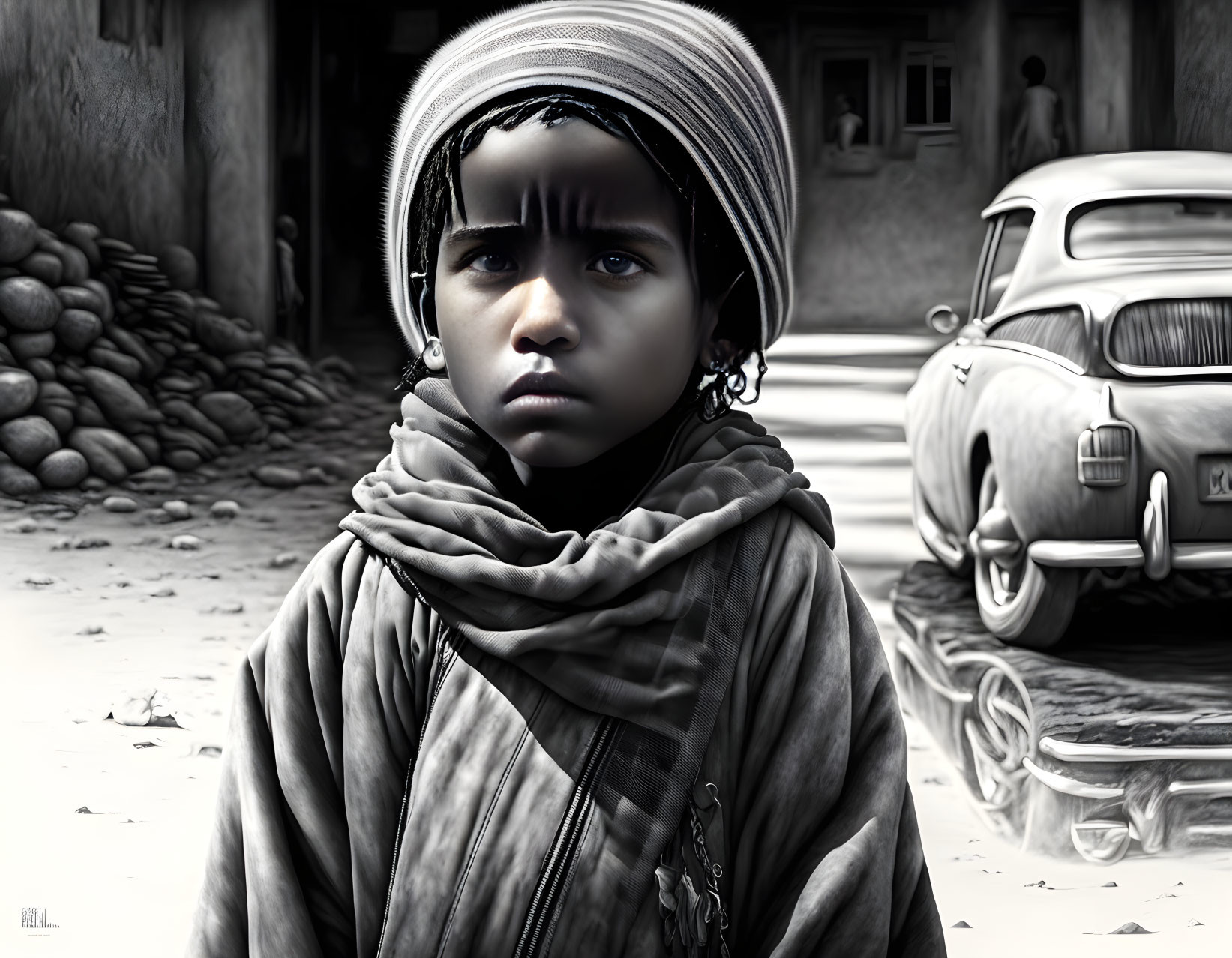 Young child in traditional attire standing by classic car and rustic buildings.