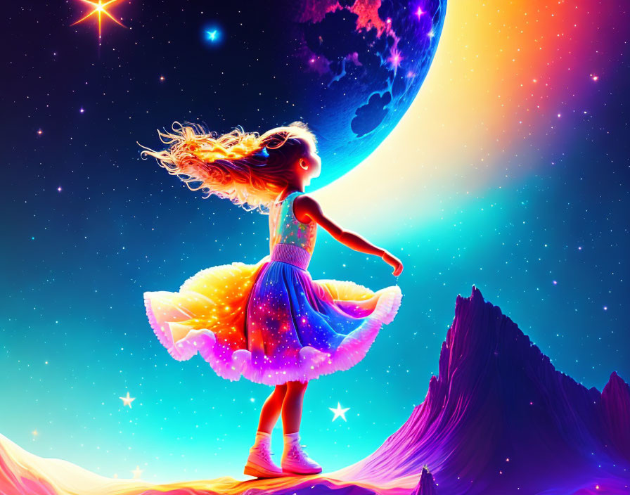 Girl in Sparkling Dress Gazes at Large Planet on Alien Landscape