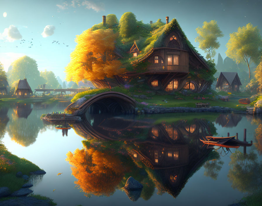 Tranquil Fantasy Village with Thatched-Roof Cottages and Reflective Lake