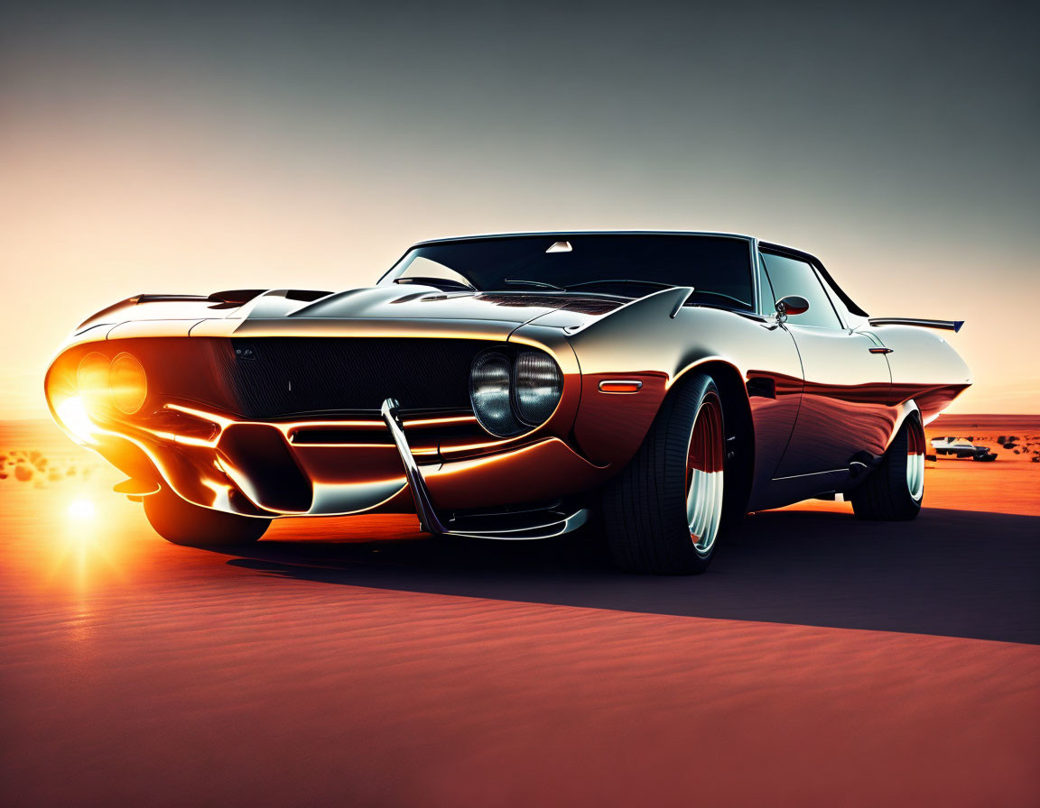 Vintage Black Muscle Car with Long Hood and Striking Stripes in Desert Sunset