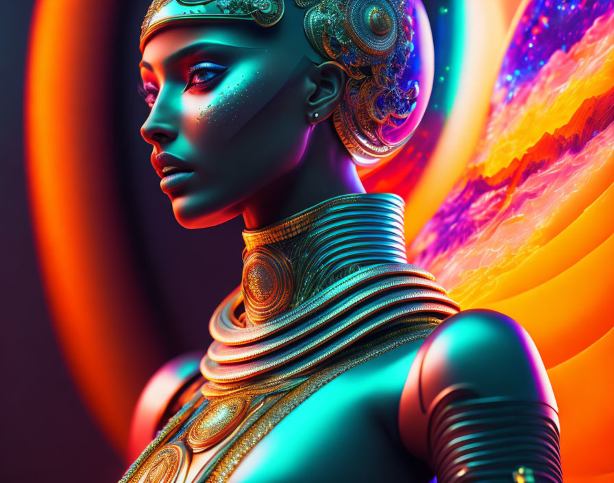 Futuristic female figure with metallic gold and blue makeup and ornate headgear in cosmic setting