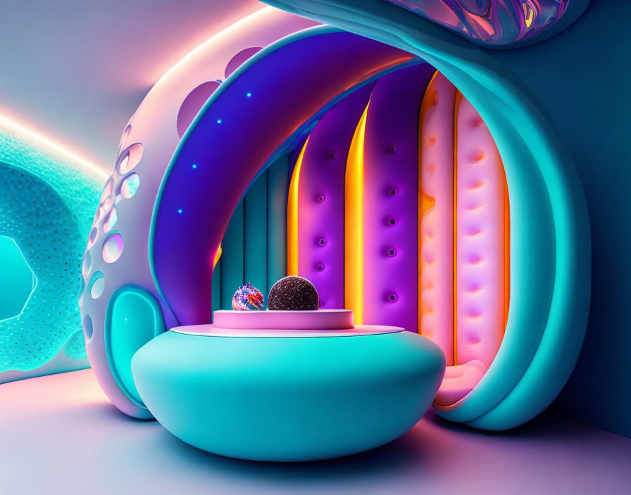 Futuristic room with vibrant purple and blue walls and round table