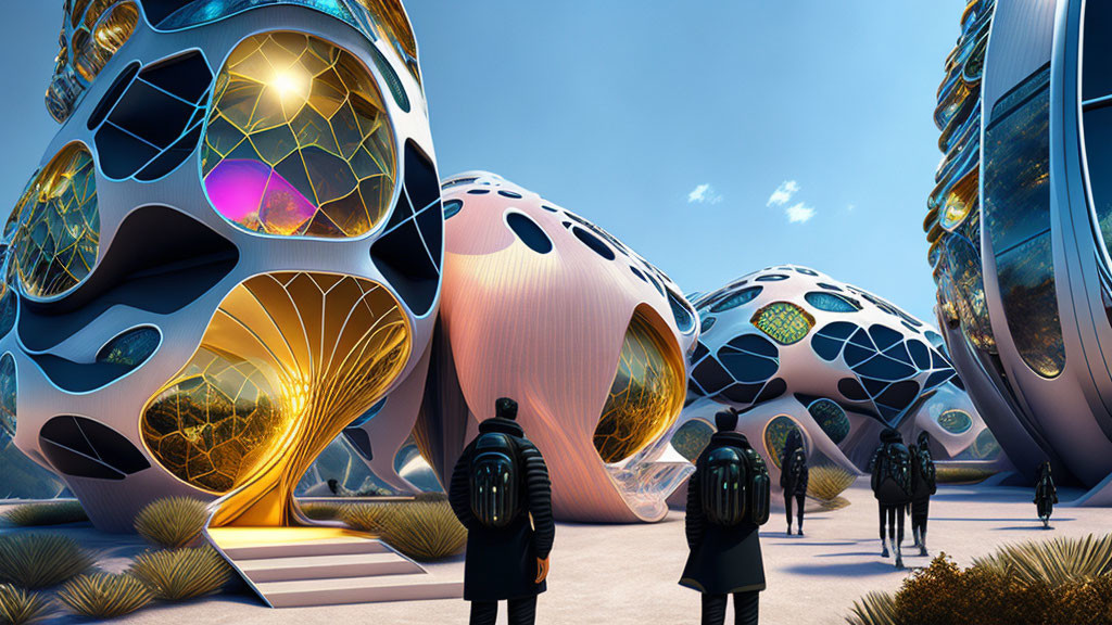 Vibrant organic-shaped buildings in futuristic cityscape