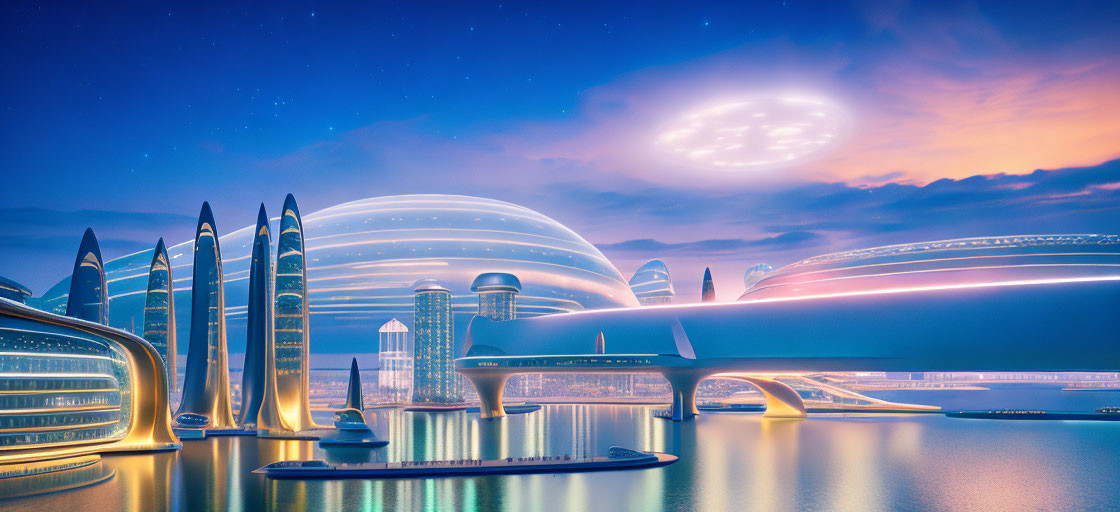 Futuristic cityscape with sleek skyscrapers and monorail at twilight