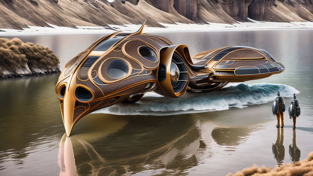 Futuristic hover vehicle above water with figures on shore