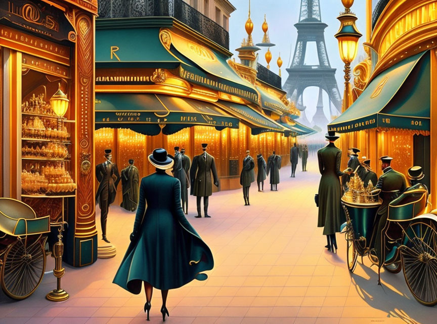 Illustration of woman in blue dress on bustling Paris street