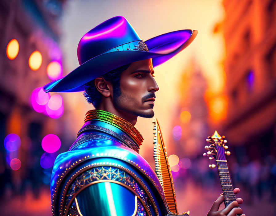 Futuristic cowboy in holographic hat plays guitar on busy street