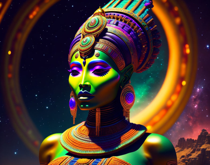 Digital artwork of woman with green skin and golden headgear in cosmic setting