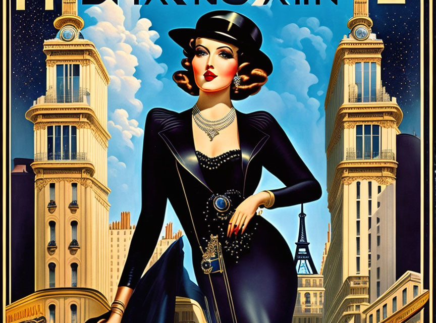 Elegant vintage-style illustration of a woman in hat and suit with Art Deco buildings.