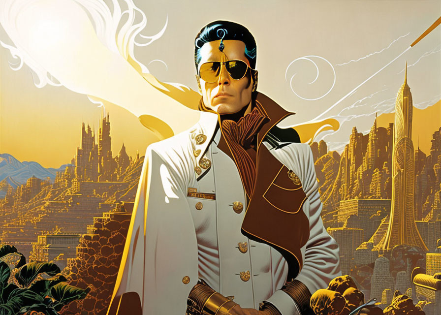 Futuristic military man illustration against golden cityscape