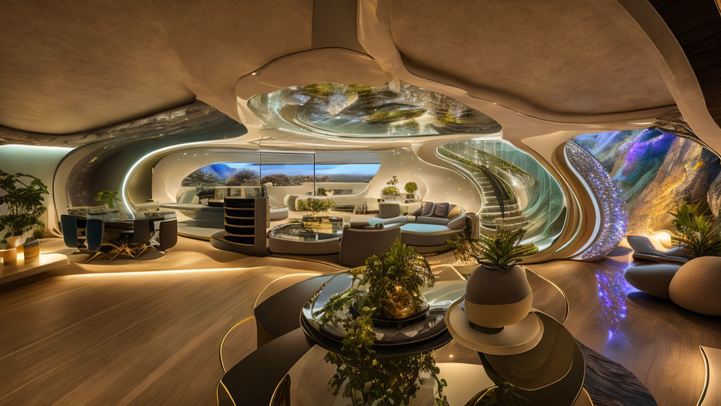 Organic curves and earth tones in futuristic interior