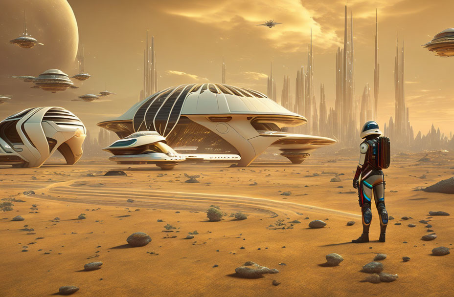 Astronaut on desert alien planet with futuristic buildings and spaceships