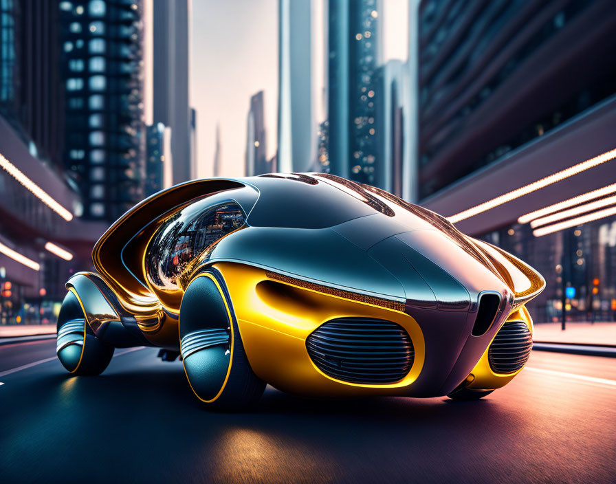 Sleek Gold and Black Futuristic Car in Modern Cityscape