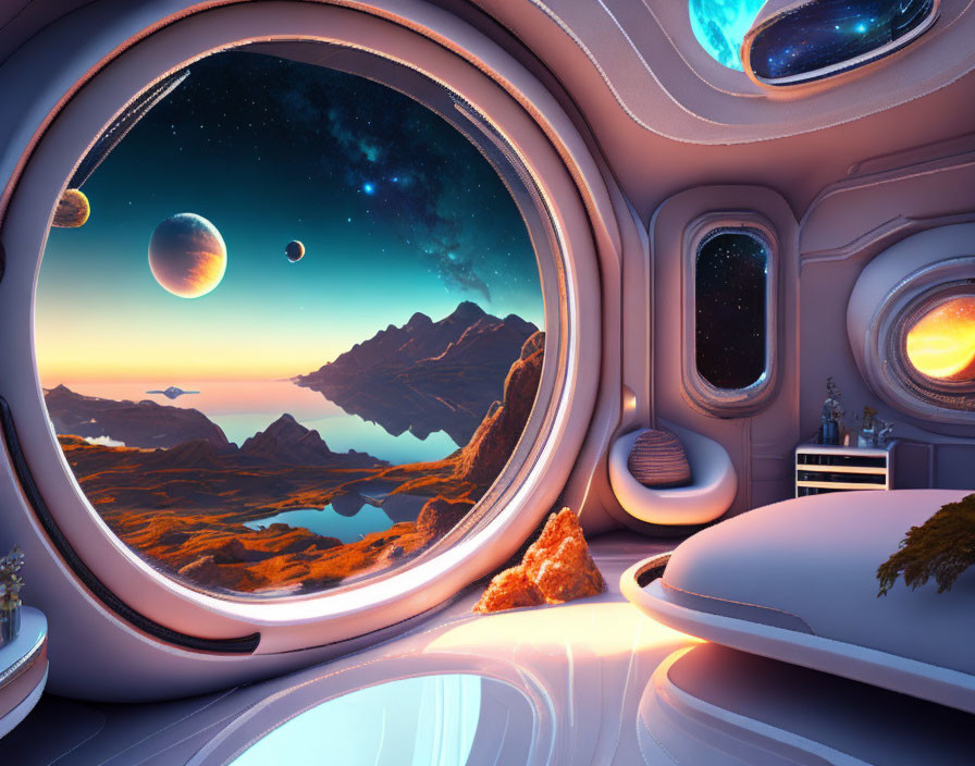 Futuristic bedroom with large window overlooking alien landscape