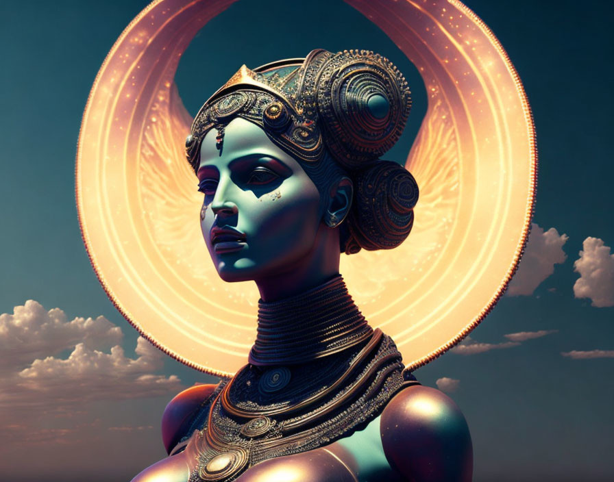 Blue-skinned female figure with golden headgear and halo in digital artwork