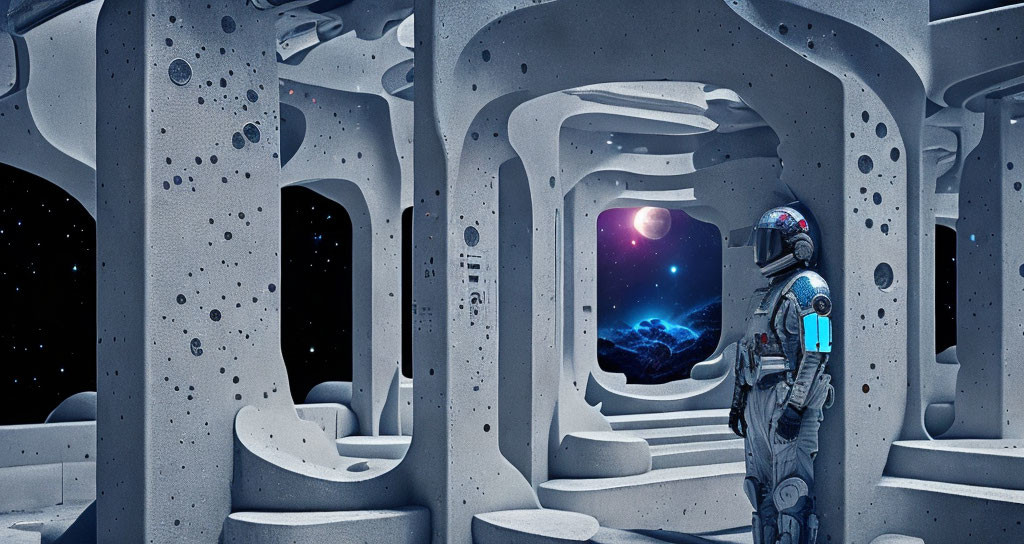 Futuristic lunar base with astronaut gazing at Earth from arched window