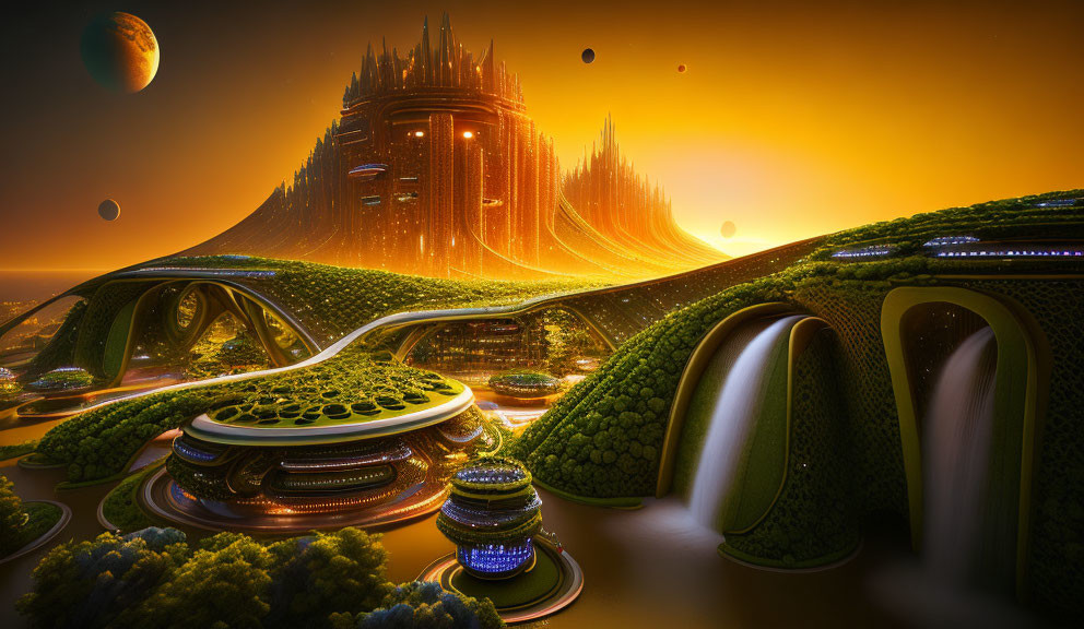 Futuristic cityscape with towering structures and green-covered buildings under an orange sky