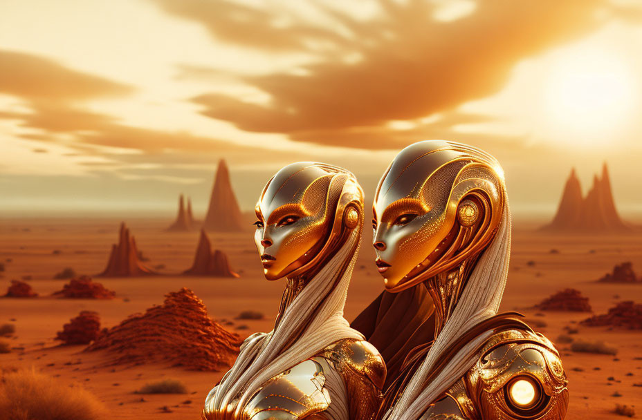 Golden-armored humanoid robots in desert landscape under orange sky