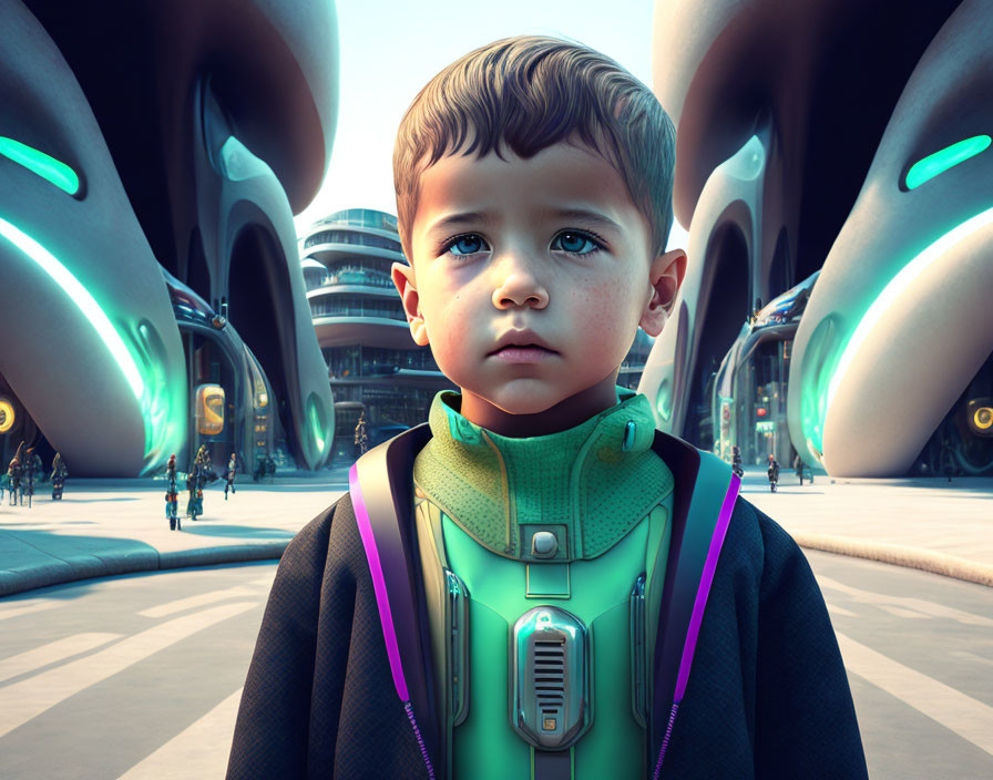 Serious young child in futuristic clothing against sci-fi backdrop