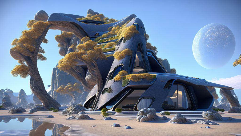 Futuristic organic building in desert landscape under large moon