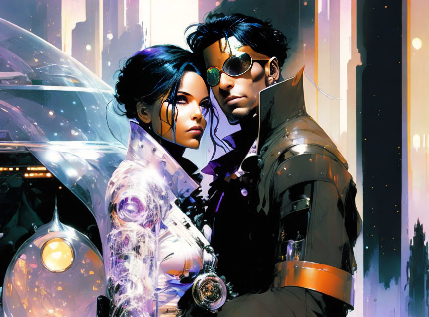 Futuristic man and woman illustration with cityscape background