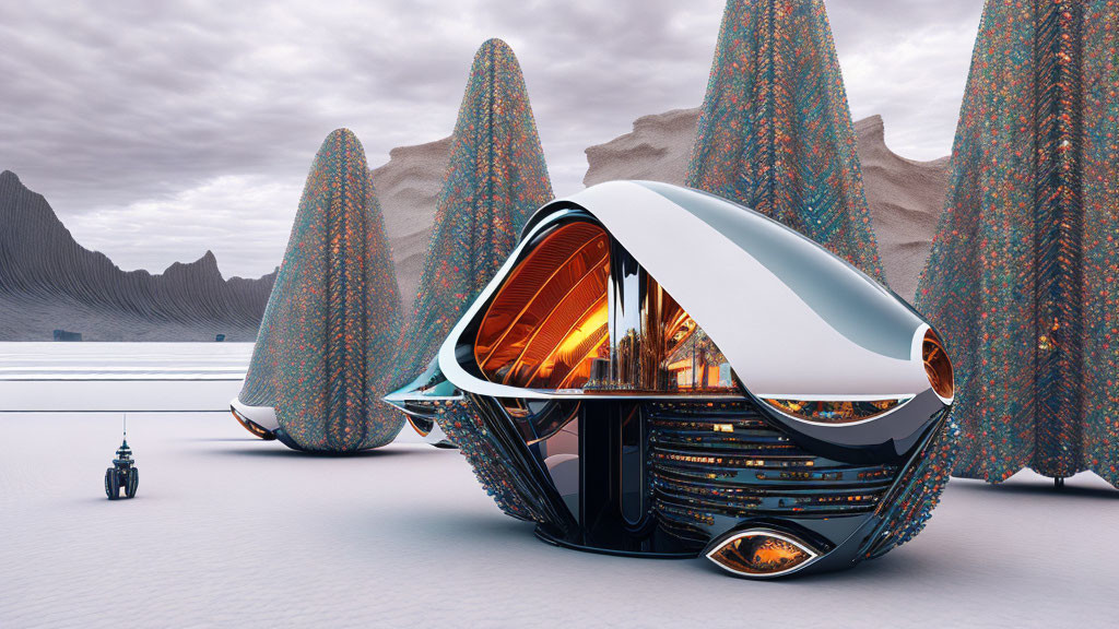 Futuristic pod-shaped glass structure with stylized trees and robot on plain under cloudy sky