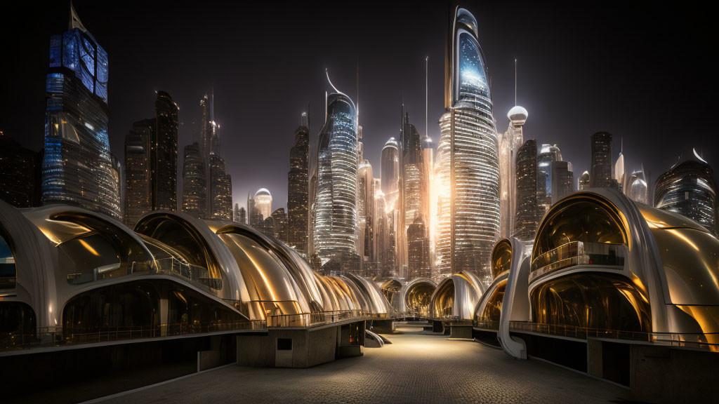 Nighttime futuristic cityscape with illuminated skyscrapers and modern dome-shaped structures.