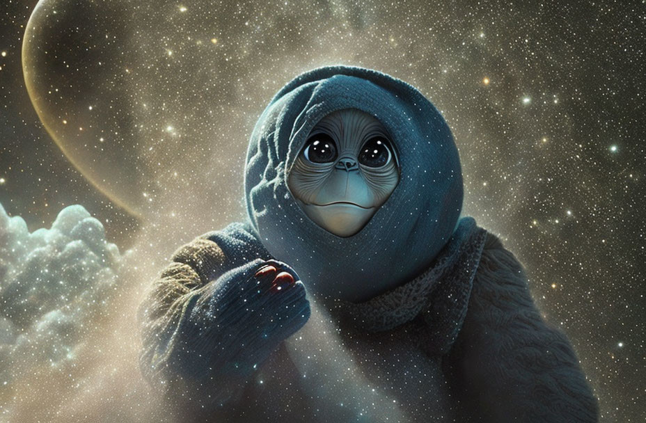 Animated creature in blue hood and scarf with gem under starry sky