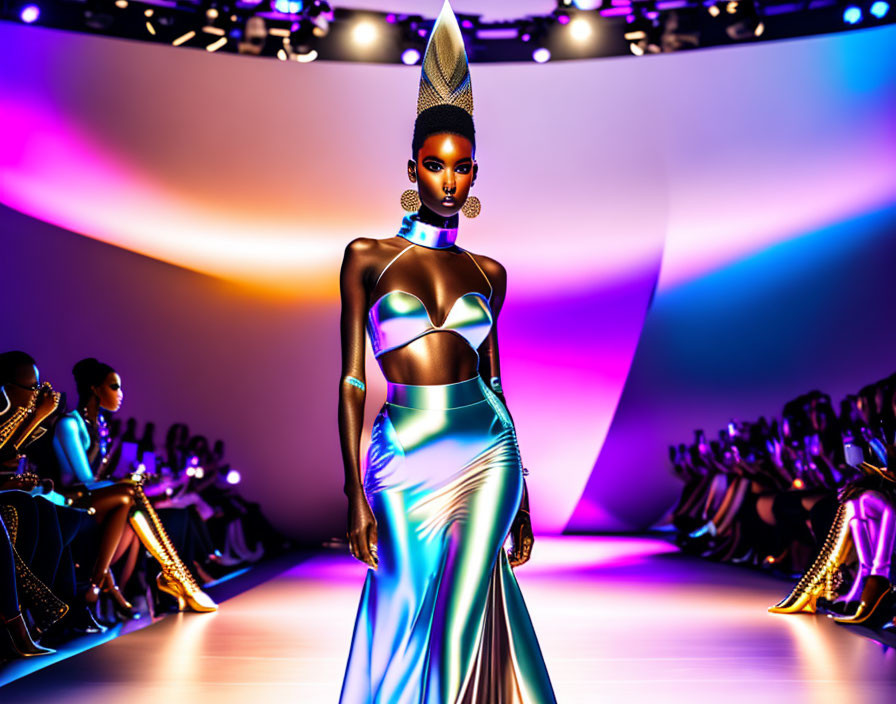 Fashion model showcases avant-garde metallic bodice and colorful skirt on runway