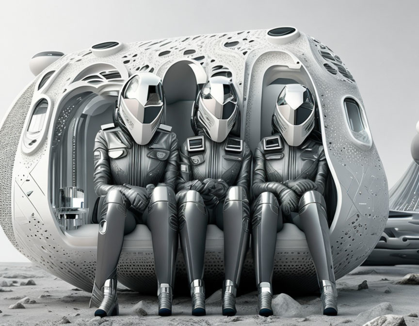 Futuristic astronauts outside spherical habitat on Moon-like landscape