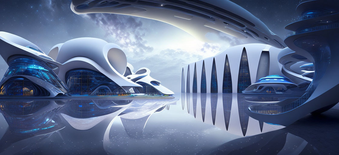 Sleek futuristic cityscape under starry sky with curved buildings