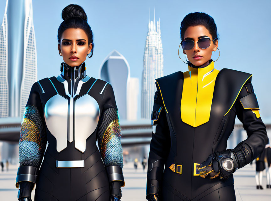 Two women in futuristic outfits with cityscape backdrop.