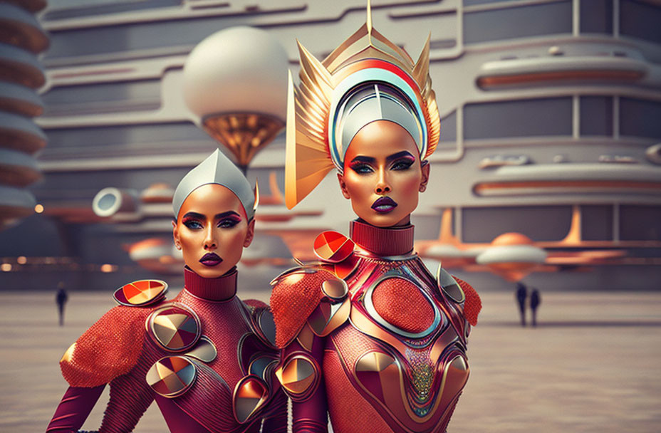 Futuristic women in elaborate headdresses with metallic clothing against advanced architecture and floating vehicles