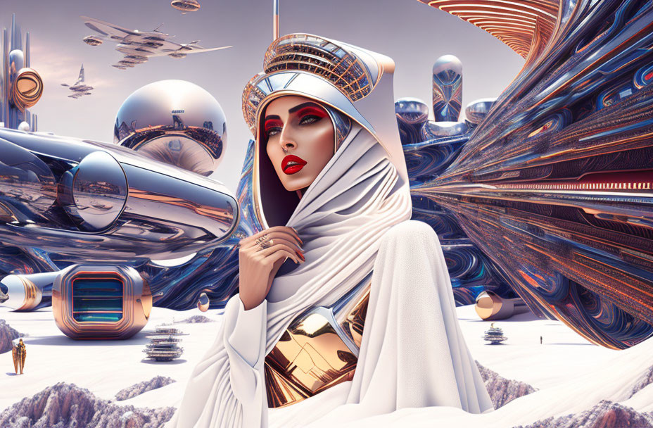 Futuristic cityscape with stylized woman and modern architecture