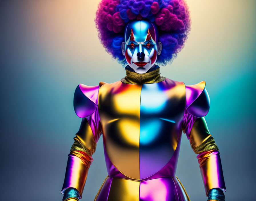 Futuristic clown in vibrant metallic suit and exaggerated makeup