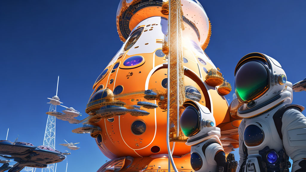 Astronaut at futuristic orange spaceport with spacecraft and blue sky