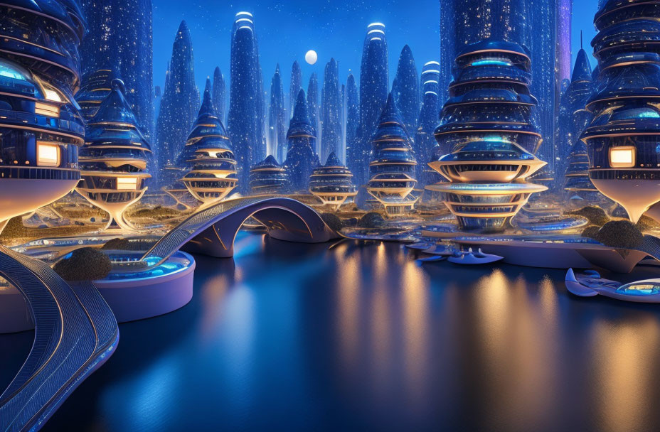 Futuristic night cityscape with glowing buildings and advanced infrastructure