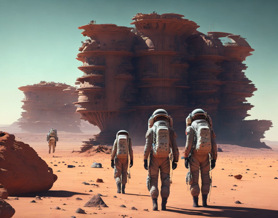 Astronauts in spacesuits explore martian structures on red desert landscape