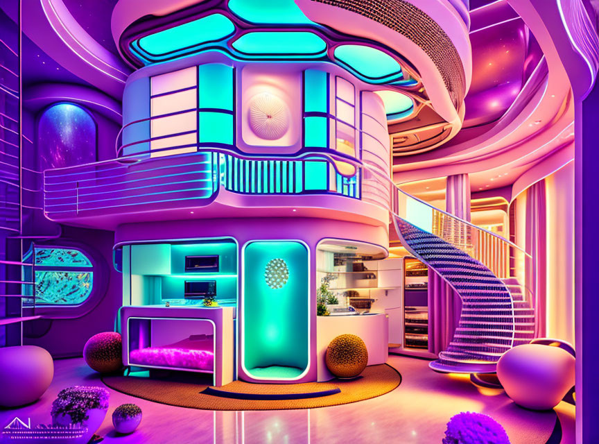 Futuristic interior with neon lights, spiral staircase, cosmic windows & purple-pink palette