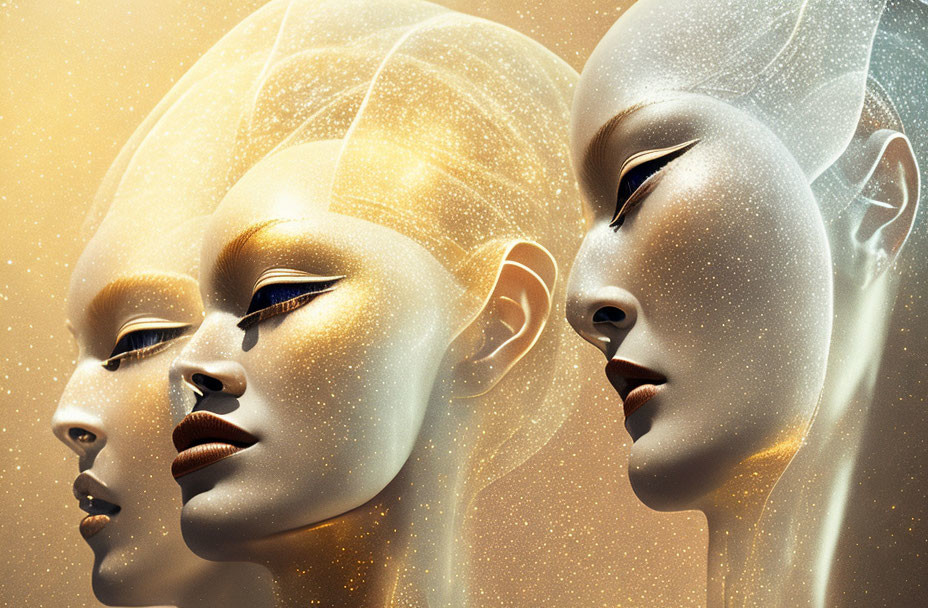 Three golden mannequin faces with closed eyes on warm backdrop.